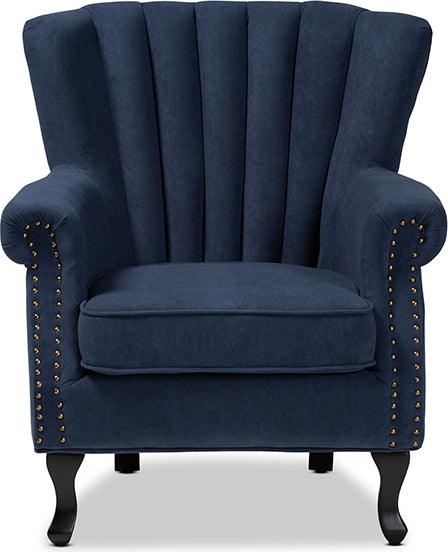 Wholesale Interiors Accent Chairs - Relena Navy Blue Velvet Fabric Upholstered and Dark Brown Finished Wood Armchair