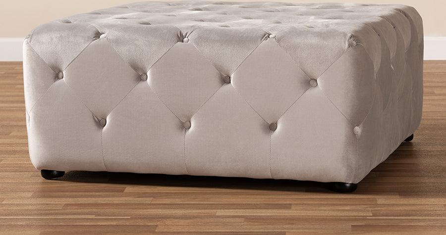 Wholesale Interiors Ottomans & Stools - Calvetti Slate Gray Velvet Fabric Upholstered Button-Tufted Cocktail Ottoman