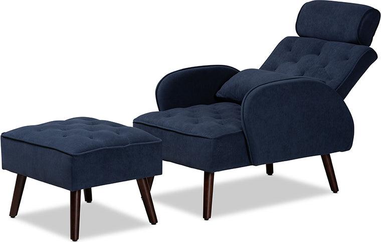 Wholesale Interiors Living Room Sets - Haldis Navy Blue velvet and Walnut Brown Finished Wood 2-Piece Recliner Chair and Ottoman Set