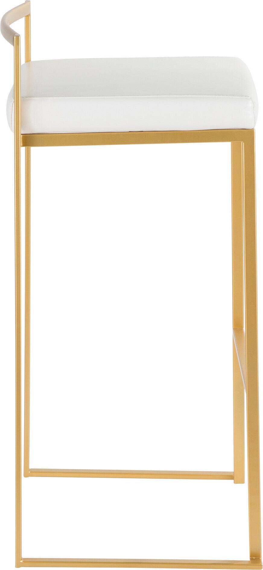 Lumisource Barstools - Fuji Contemporary-Glam Barstool in Gold with White Faux Leather (Set of 2)