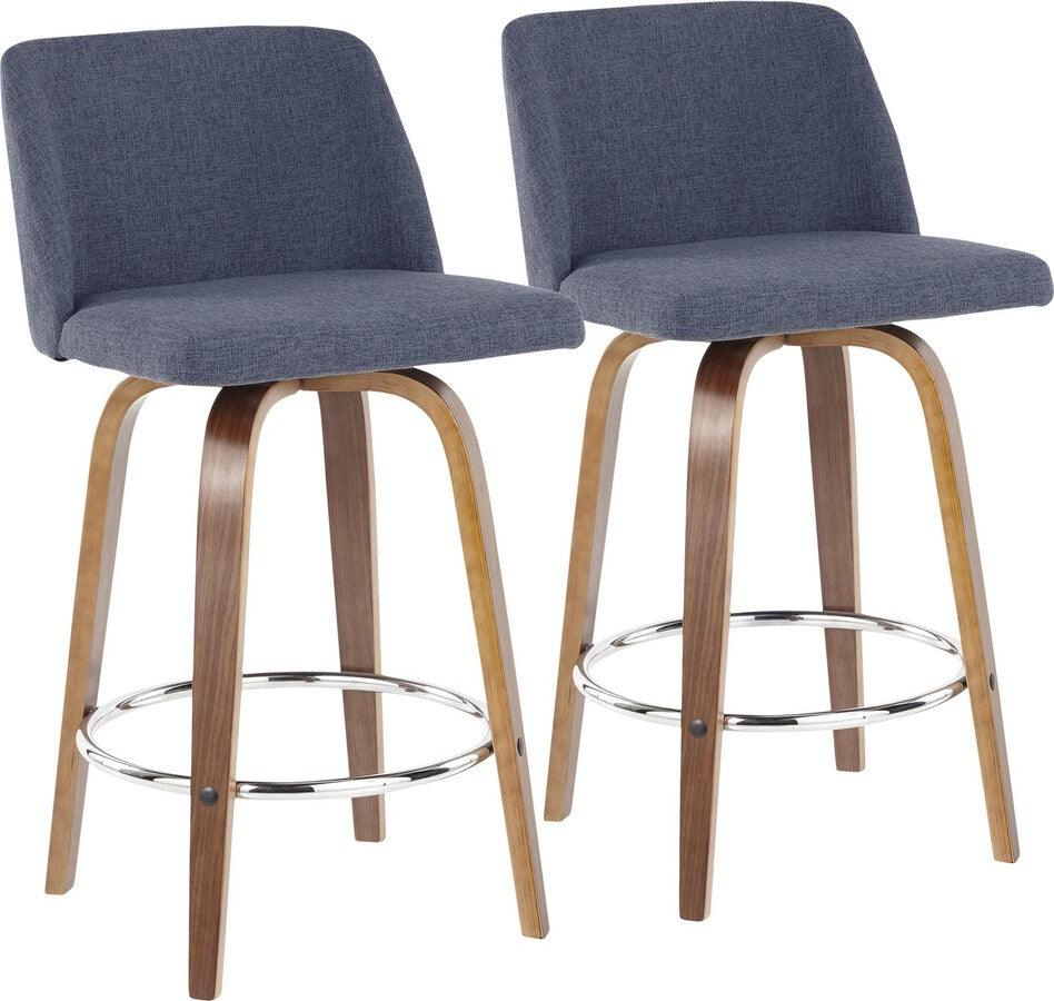 Lumisource Barstools - Toriano Mid-Century Counter Stool Walnut and Blue Fabric - Set of 2
