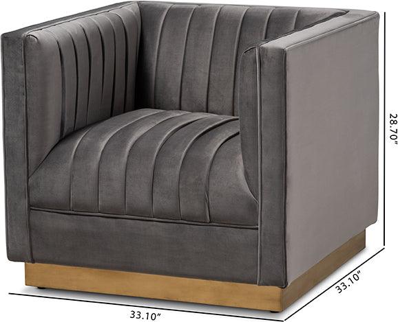 Wholesale Interiors Accent Chairs - Aveline Glam and Luxe Grey Velvet Fabric Upholstered Brushed Gold Finished Armchair