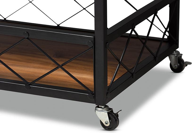 Wholesale Interiors Bar Units & Wine Cabinets - Capri Vintage Rustic Industrial Oak Brown and Black Finished Mobile Metal Bar Cart