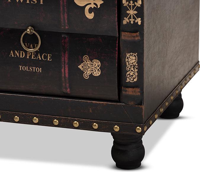 Wholesale Interiors Ottomans & Stools - Charlier Inspired Dark Brown Faux Leather Upholstered Wood Storage Ottoman With Book Spine Drawer