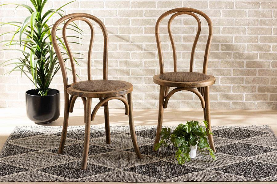 Wholesale Interiors Dining Chairs - Dacian Mid-Century Brown Woven Rattan and Walnut Brown Wood 2-Piece Dining Chair Set