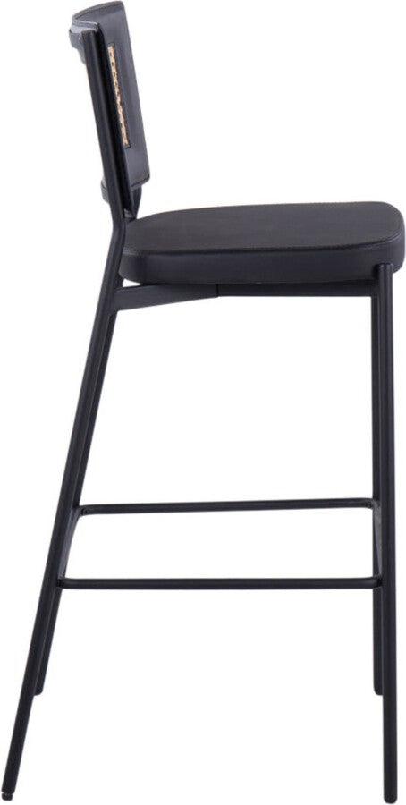 Lumisource Barstools - Rattan Tania Bar Stool In Black Metal, Black Faux Leather, & Rattan Back (Set of 2)