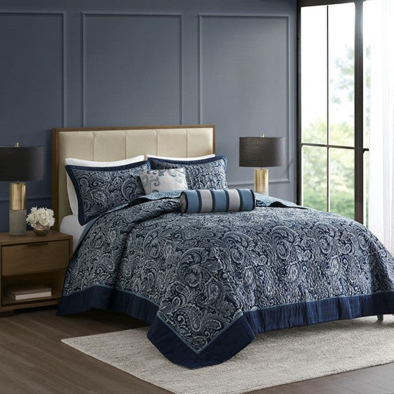 Olliix.com Coverlet - 5 Piece Jacquard Bedspread Set with Throw Pillows Navy King