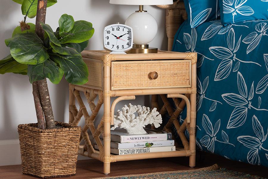 Wholesale Interiors Nightstands & Side Tables - Camara Modern Bohemian Natural Brown Rattan 1-Drawer Nightstand