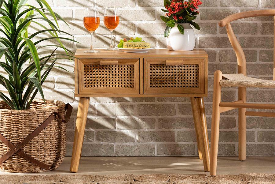 Wholesale Interiors Consoles - Falan Mid-Century Modern Oak Brown Finished Wood 2-Drawer Console Table with Rattan