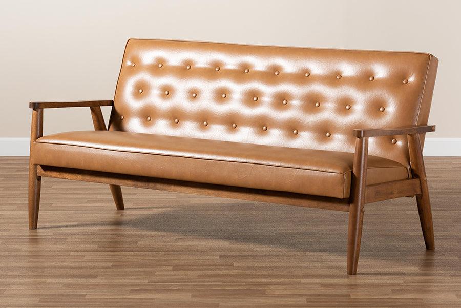 Wholesale Interiors Sofas & Couches - Sorrento Tan Faux Leather Upholstered and Walnut Brown Finished Wood Sofa