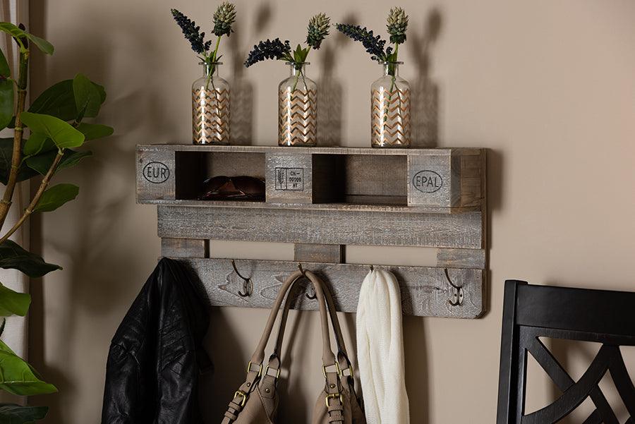 Wholesale Interiors Coat Hangers - Ferguson Vintage Rustic Whitewashed Grey Oak Finished Wood Wall Mounted Coat Rack with Shelves