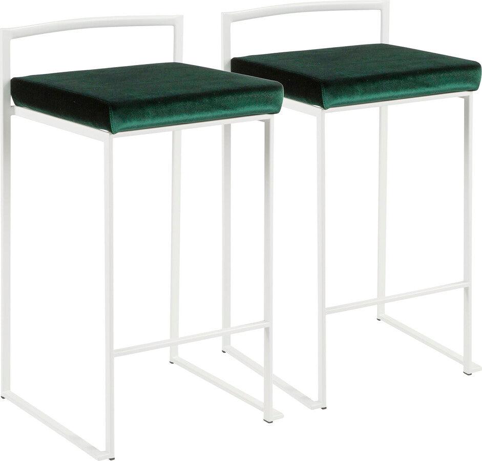 Lumisource Barstools - Fuji Contemporary Stackable Counter Stool in White with Green Velvet Cushion - Set of 2