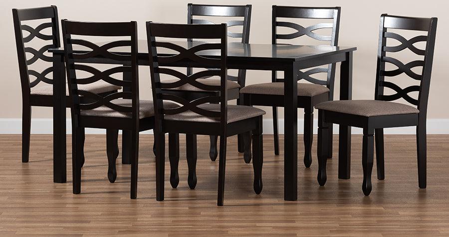 Wholesale Interiors Dining Sets - Lanier Sand Fabric Upholstered Dark Brown Finished Wood 7-Piece Dining Set