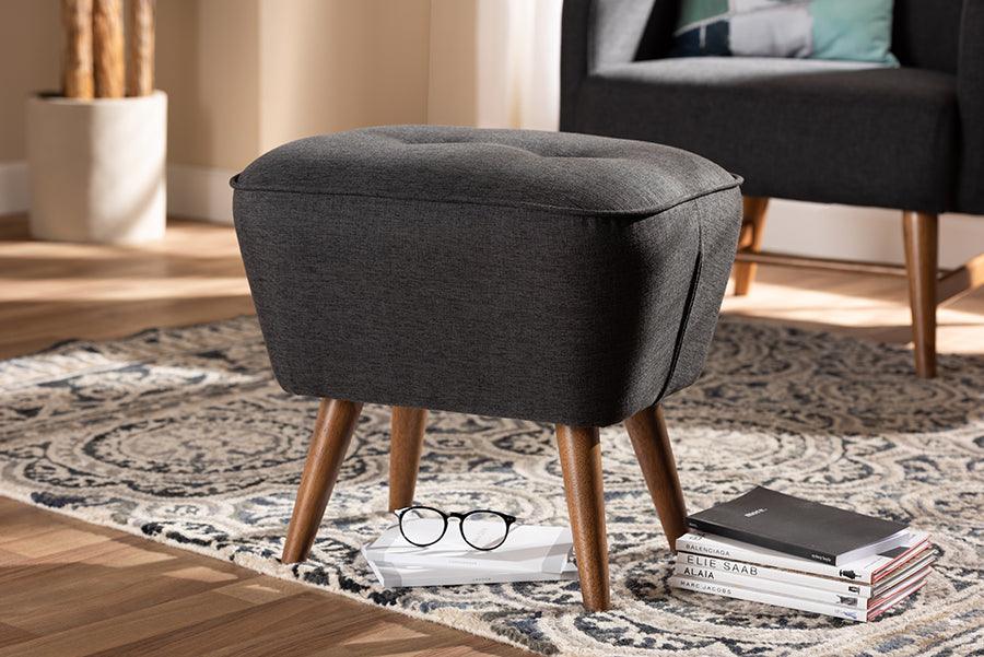 Wholesale Interiors Ottomans & Stools - Petronelle Mid-Century Modern Dark Grey Fabric Walnut Brown Wood Ottoman