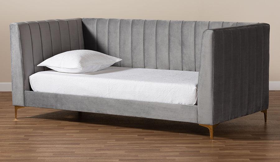 Wholesale Interiors Daybeds - Oksana Modern Contemporary Grey Velvet and Gold Twin Size Daybed