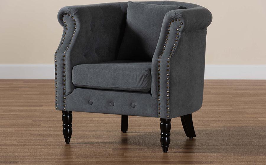 Wholesale Interiors Accent Chairs - Renessa Classic and Traditional Grey Velvet and Brown Wood Armchair