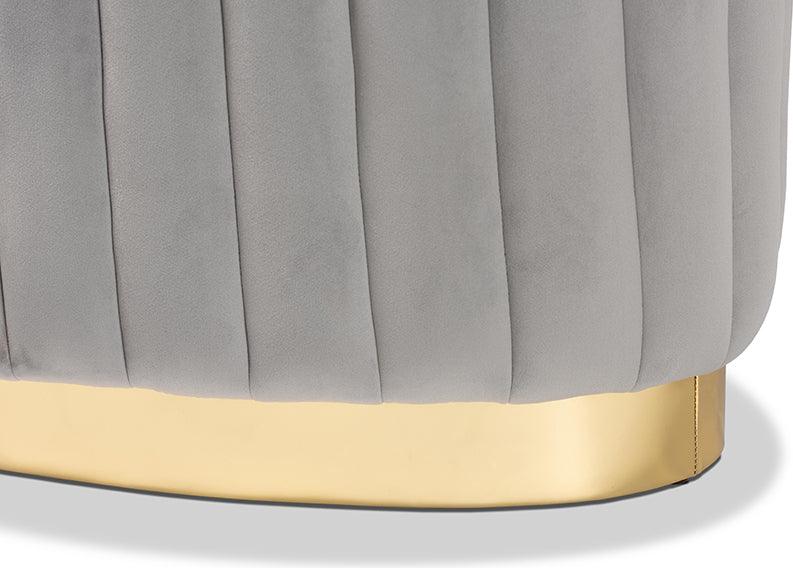 Wholesale Interiors Ottomans & Stools - Kirana Glam and Luxe Grey Velvet Fabric Upholstered and Gold PU Leather Ottoman