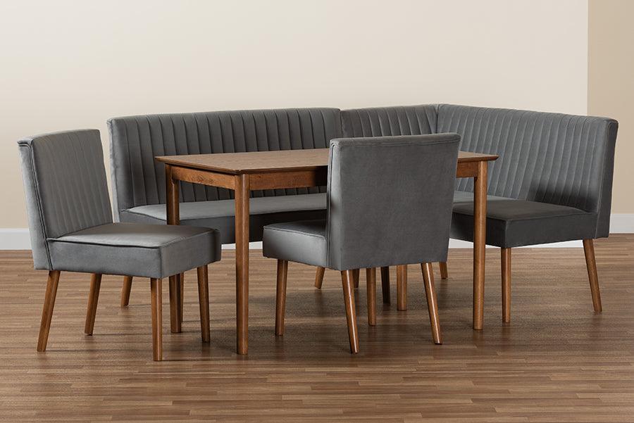 Wholesale Interiors Dining Sets - Alvis Mid-Century Grey Velvet Upholstered and Walnut Brown Finished Wood 5-Piece Dining Nook Set