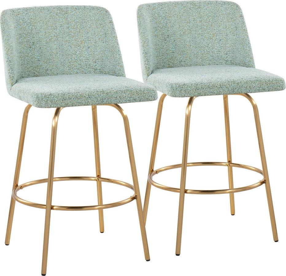 Lumisource Barstools - Toriano 26" Fixed Height Counter Stool With Swivel In Light Green Fabric & Gold Metal (Set of 2)