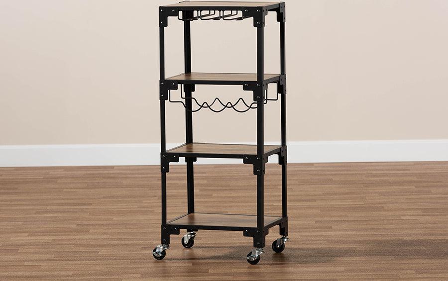 Wholesale Interiors Bar Units & Wine Cabinets - Victor Industrial Rustic Walnut Finished Wood and Black Metal 4-Tier Mobile Wine Cart