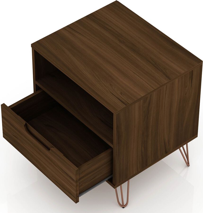 Manhattan Comfort Nightstands & Side Tables - Rockefeller 1.0 Mid-Century- Modern Nightstand with 1-Drawer in Brown