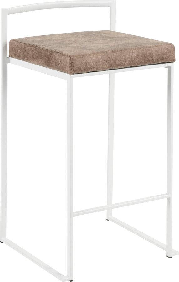 Lumisource Barstools - Fuji Contemporary Stackable Counter Stool in White with Brown Cowboy Fabric Cushion - Set of 2