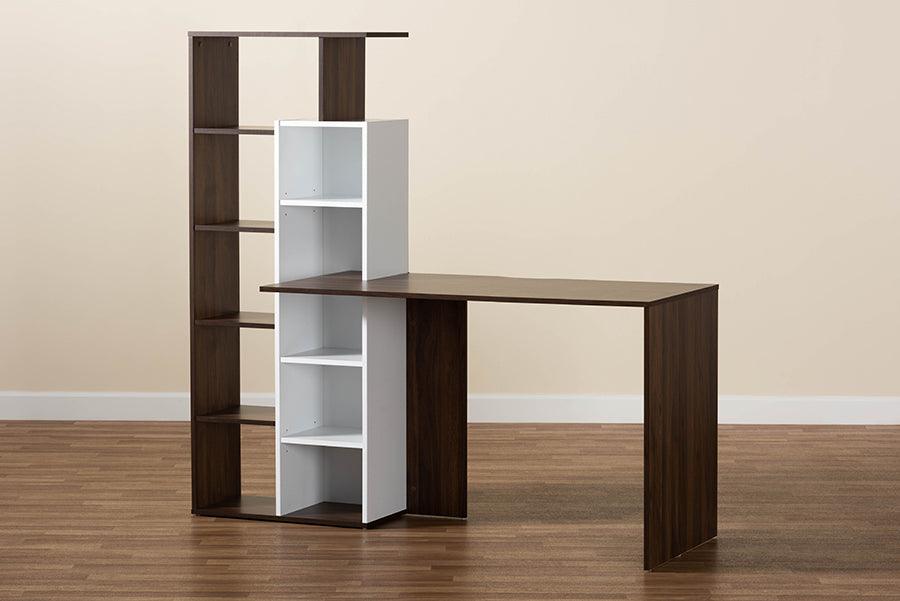 Wholesale Interiors Desks - Rowan Modern Two-Tone White and Walnut Brown Finished Wood Storage Computer Desk with Shelves