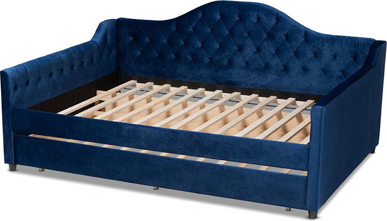 Wholesale Interiors Daybeds - Perry Royal Blue Velvet Fabric Upholstered And Button Tufted Queen Size Daybed With Trundle