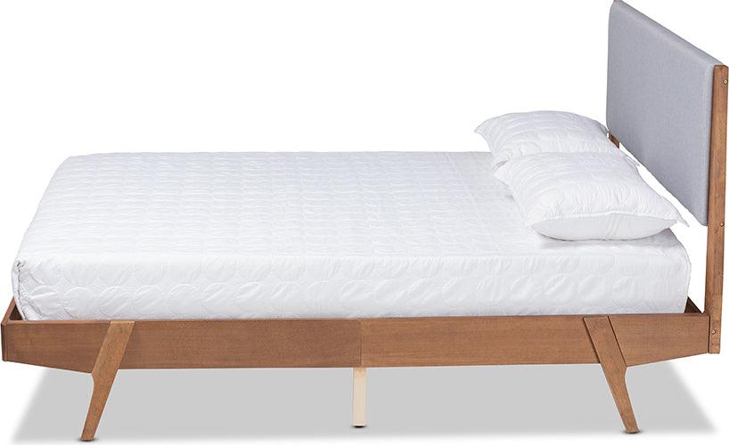 Wholesale Interiors Beds - Senna Mid-Century Modern Grey Fabric and Walnut Brown Wood King Size Platform Bed