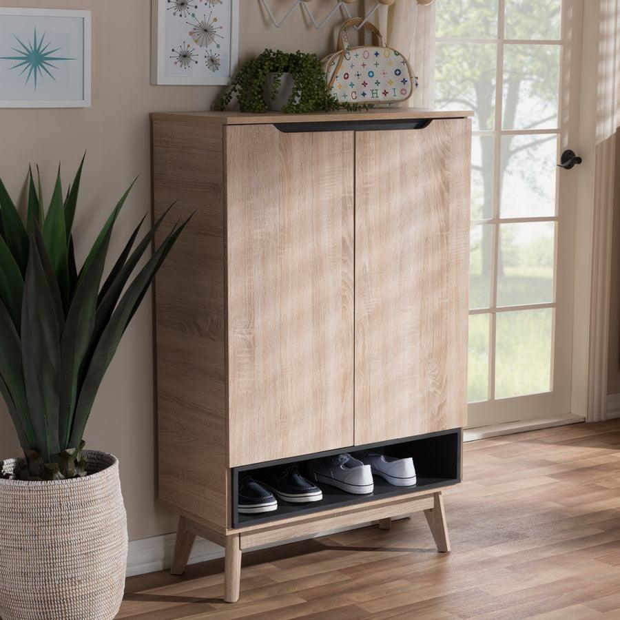 Wholesale Interiors Shoe Storage - Fella Mid-Century Modern Two-Tone Oak and Gray Wood Shoe Cabinet