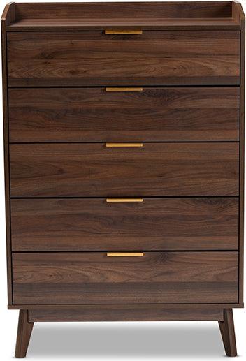 Wholesale Interiors Chest of Drawers - Lena Mid-Century Modern Walnut Brown Finished 5-Drawer Wood Chest