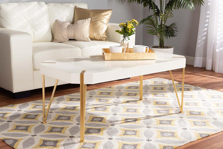 Wholesale Interiors Coffee Tables - Kassa Contemporary Brushed Gold Metal and White Finished Wood Coffee Table