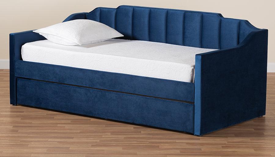Wholesale Interiors Daybeds - Lennon Modern and Contemporary Navy Blue Velvet Fabric Upholstered Twin Size Daybed with Trundle