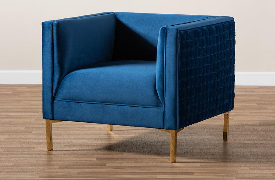 Wholesale Interiors Accent Chairs - Seraphin Glam and Luxe Navy Blue Velvet Fabric Upholstered Gold Finished Armchair