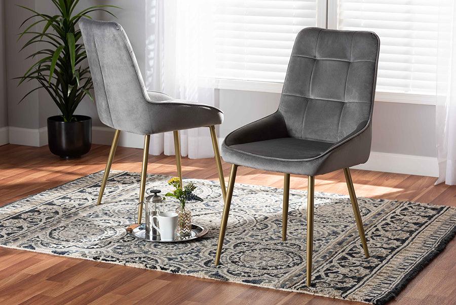 Wholesale Interiors Dining Chairs - Gavino Modern Grey Velvet Fabric Upholstered and Gold Finished Metal 2-Piece Dining Chair Set