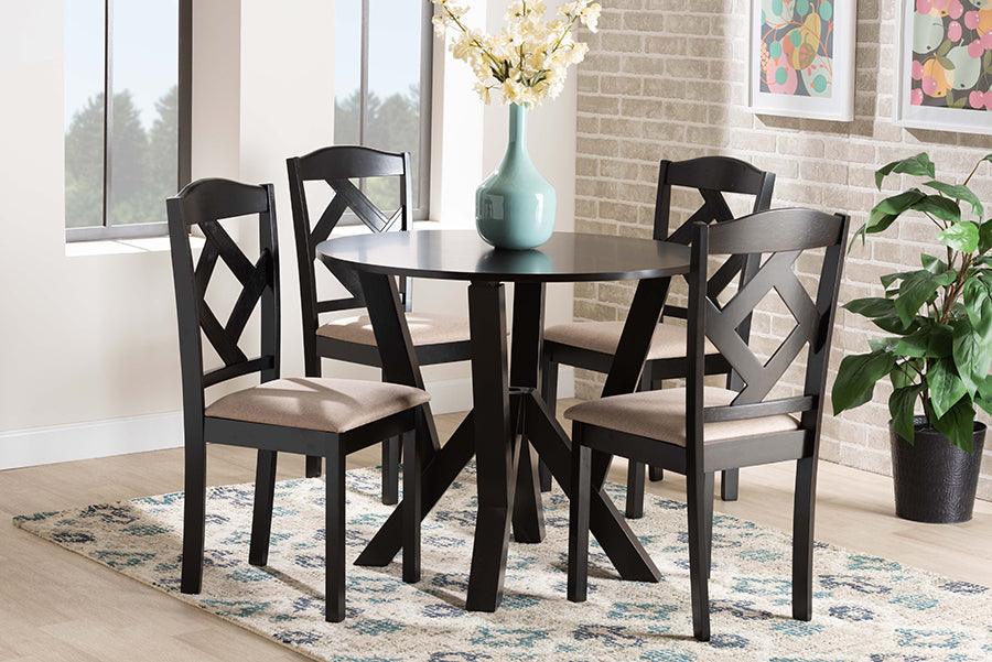 Wholesale Interiors Dining Sets - Riona Sand Fabric Upholstered and Dark Brown Finished Wood 5-Piece Dining Set