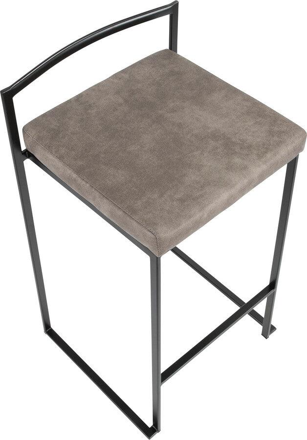 Lumisource Barstools - Fuji Contemporary Stackable Counter Stool in Black with Stone Cowboy Fabric Cushion - Set of 2
