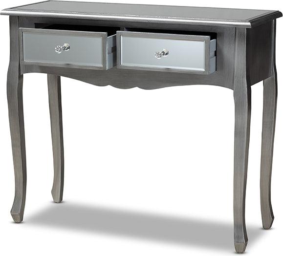Wholesale Interiors Consoles - Leonie French Brushed Silver Finished Wood And Mirrored Glass 2-Drawer Console Table