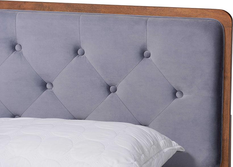 Wholesale Interiors Beds - Larue Modern and Contemporary Grey Velvet and Brown Wood King Size Platform Bed