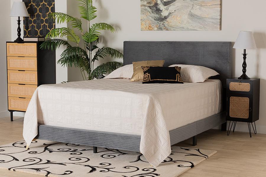 Wholesale Interiors Beds - Abberton Modern and Contemporary Grey Velvet and Gold Metal Queen Size Panel Bed