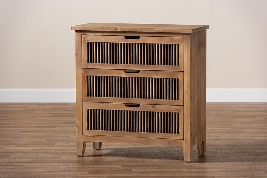 Wholesale Interiors Chest of Drawers - Clement Rustic Transitional Medium Oak Finished 3-Drawer Wood Spindle Storage Cabinet
