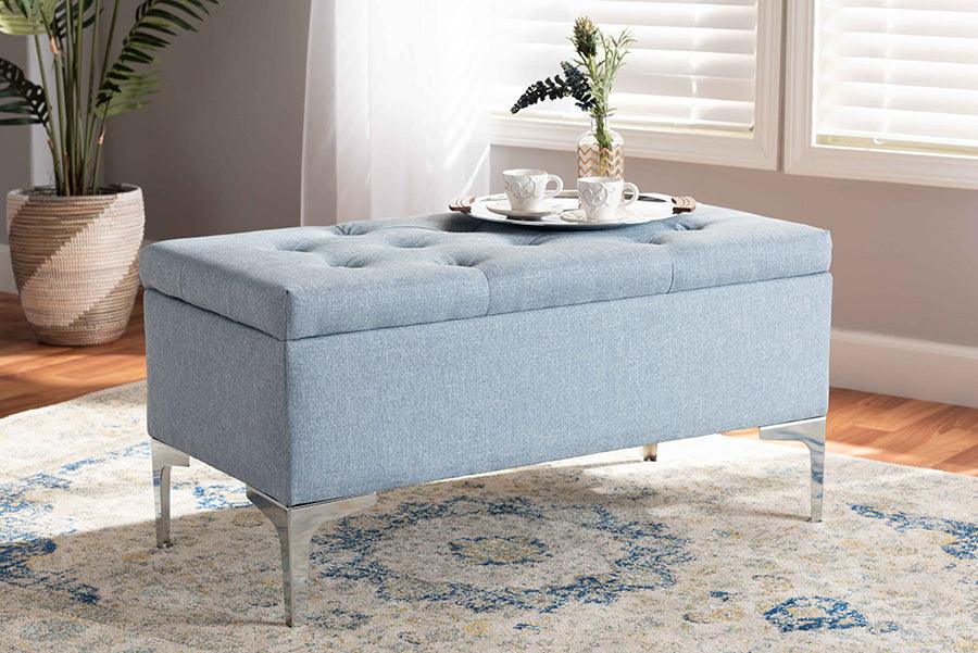 Wholesale Interiors Ottomans & Stools - Mabel Light Blue Fabric Upholstered and Silver Finished Metal Storage Ottoman