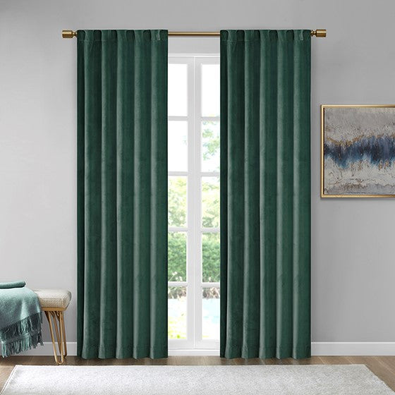 Olliix.com Curtains - Room Darkening Poly Velvet Rod Pocket/Back Tab Curtain Panel Pair Green