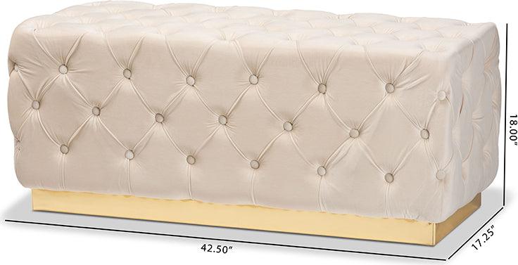 Wholesale Interiors Ottomans & Stools - Corrine Glam and Luxe Beige Velvet Fabric Upholstered and Gold PU Leather Ottoman