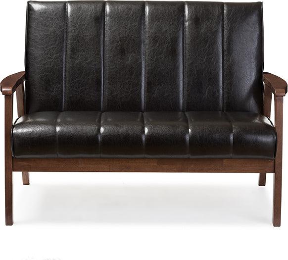 Wholesale Interiors Loveseats - Nikko Mid-century Modern Black Faux Leather Wooden 2-Seater Loveseat
