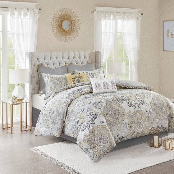 Olliix.com Comforters & Blankets - 8 Piece Cotton Floral Printed Reversible Comforter Set Yellow King
