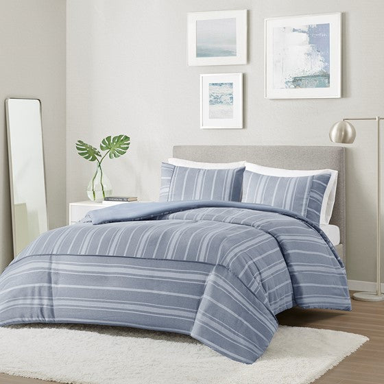 Olliix.com Duvet & Duvet Sets - 3 Piece Striped Herringbone Oversized Duvet Cover Set Blue Full/Queen