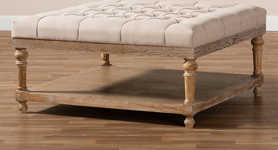 Wholesale Interiors Ottomans & Stools - Kelly Modern and Rustic Beige Linen Fabric and Greywashed Wood Cocktail Ottoman