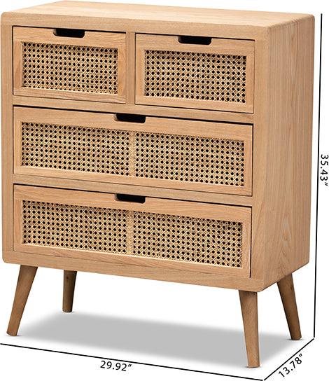 Wholesale Interiors Buffets & Cabinets - Alina Mid-Century Modern Medium Oak Finished Wood and Rattan 4-Drawer Accent Storage Cabinet