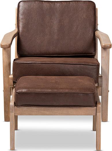Wholesale Interiors Living Room Sets - Sigrid Brown Faux Leather Fabric Upholstered Antique Oak 2-Piece Wood Armchair And Ottoman Set